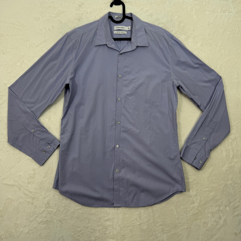 Calvin Klein Dress Shirt Mens M Blue Pinstripe Non Iron Body Fit Stretch Long